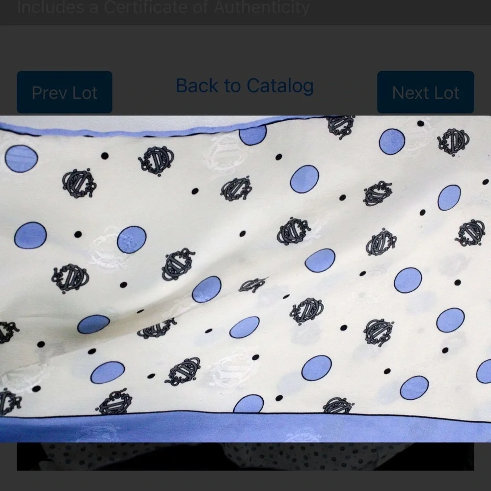 Authentic Dior White and Light Blue Polka Dot Silk Scarf with Black Emblem